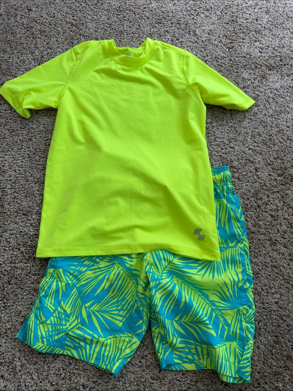 Children’s Place Neon Yellow Boys' Rash Guard & Palm Print Swim Shorts Set